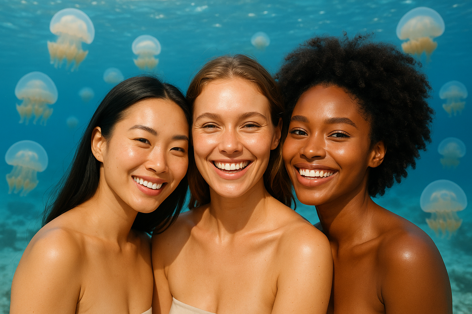 Natural, Beauty begins the moment you decide to be yourself, group of three beautiful women with good skin happy, good vibes, feel good, high resolution image and cannonball jellyfish in the background with blue ocean theme