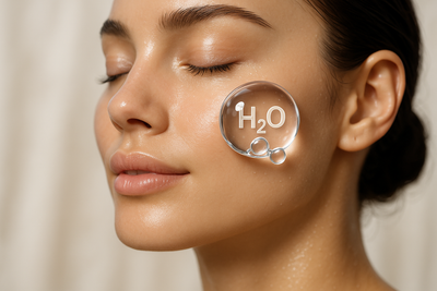please generate an image of a nice water drop with a chemical structure of h2o inside the droplet going onto the face of a pretty womens skin with a nice cosmetic/beauty feel to it for hydration emphasis