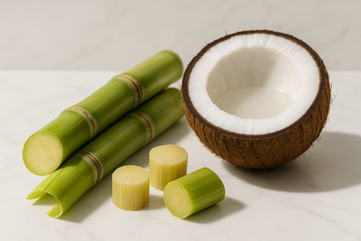 please generate an image of green sugar cane (fresh looking) cut in half and a 2 or 3 pieces next to a fresh cut looking coconut next to it and put it together in a beauty/cosmetic looking image good for a website to sell it as good ingredients to use