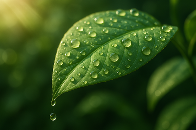 please produce a high-resolution green leaf with sun coming from the top left corner that has condensation on the leaf with a water drop off it not super close up but a nice distance